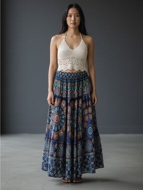 70s India Cotton Paisley BLOCK Print Blue Green Hippie Festival Skirt / S M